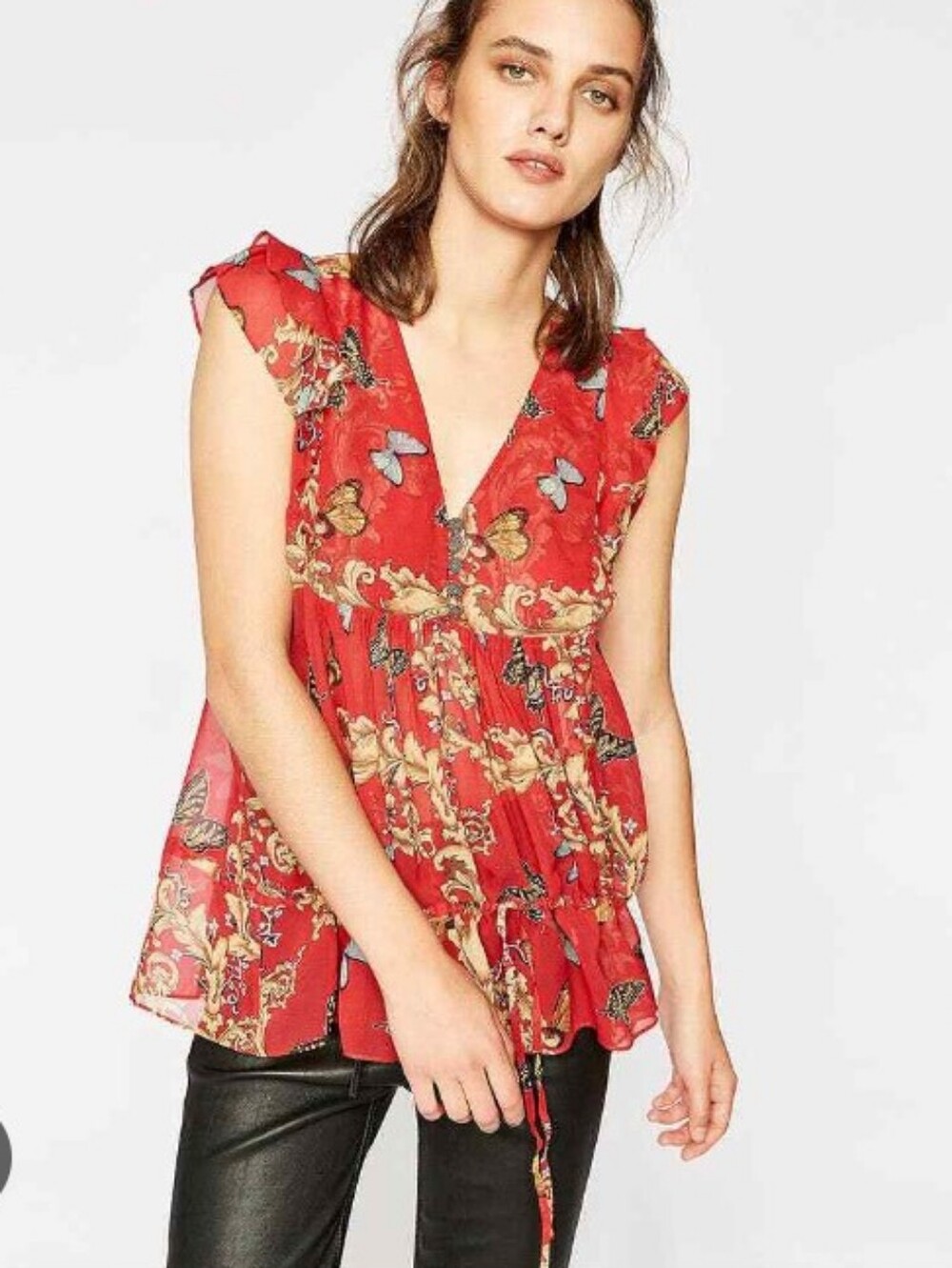 The Kooples 100% Silk Butterfly Print Red Floral Silk Top